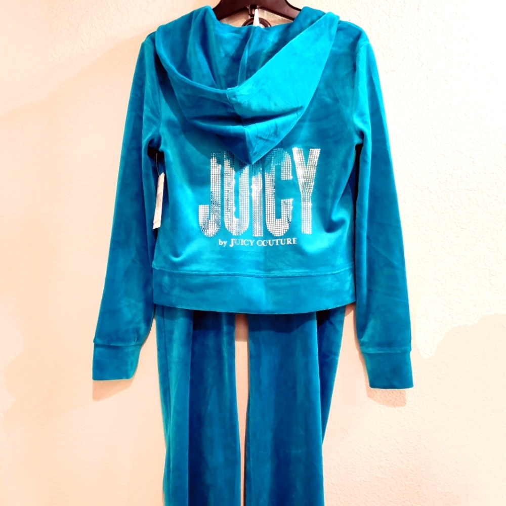 NWT Small Juicy Couture Peacock Teal Velour Hooded Jacket Trouser Set